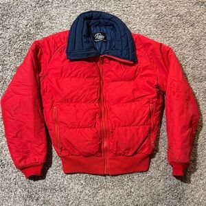 80s Retro Red Puffer Jacket with Navy Lining